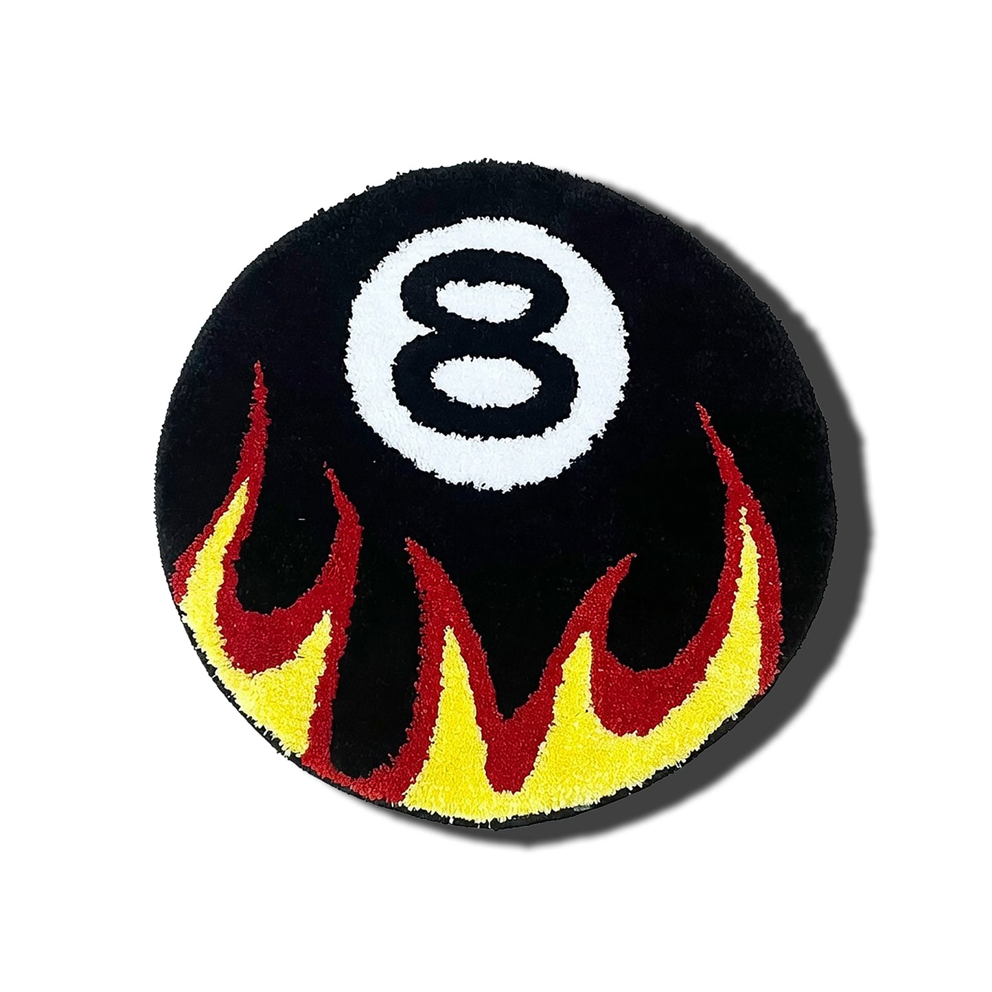 8 Ball with Flames Rug black white red yellow frontal