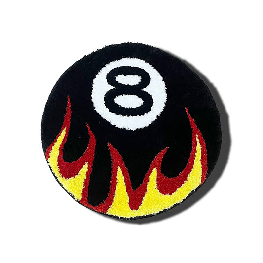 8 Ball with Flames Rug black white red yellow frontal